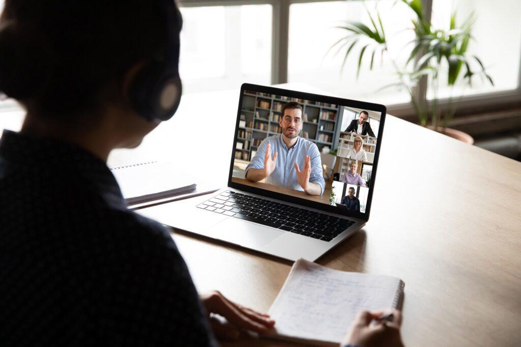 Person working from home on a video conference call